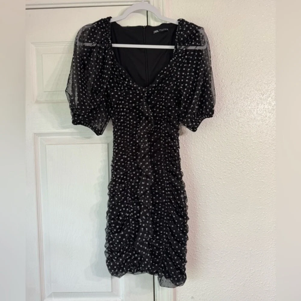 Zara polka dot black bodycon dress with sleeves size xs